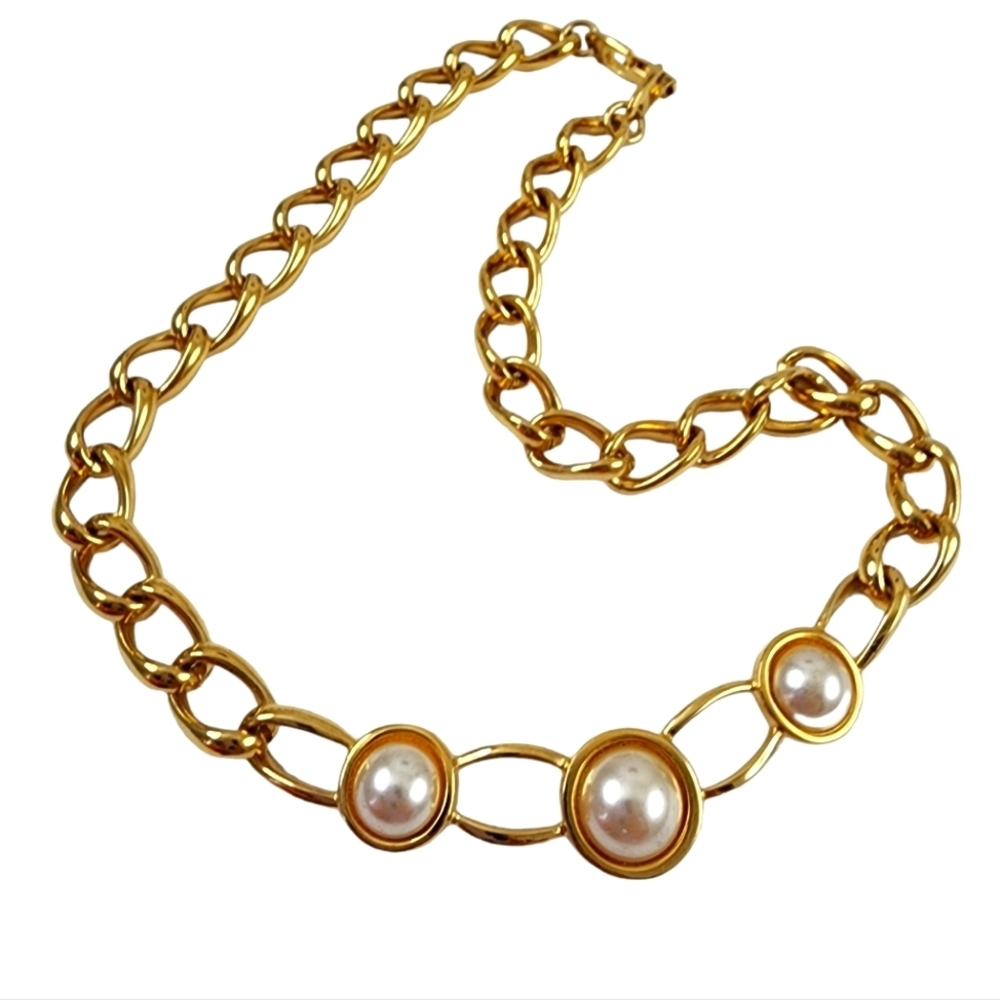 Vintage Napier Chunky Chain Necklace Open Link Cream Faux Pearl Cabochons